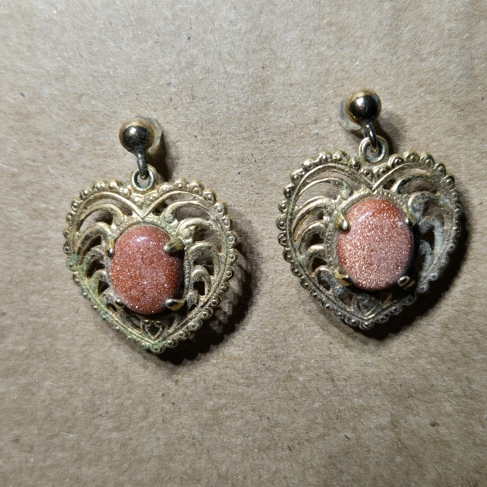 Vintahe Gold and Pink Heart Drop Earrings Costume Jewelry